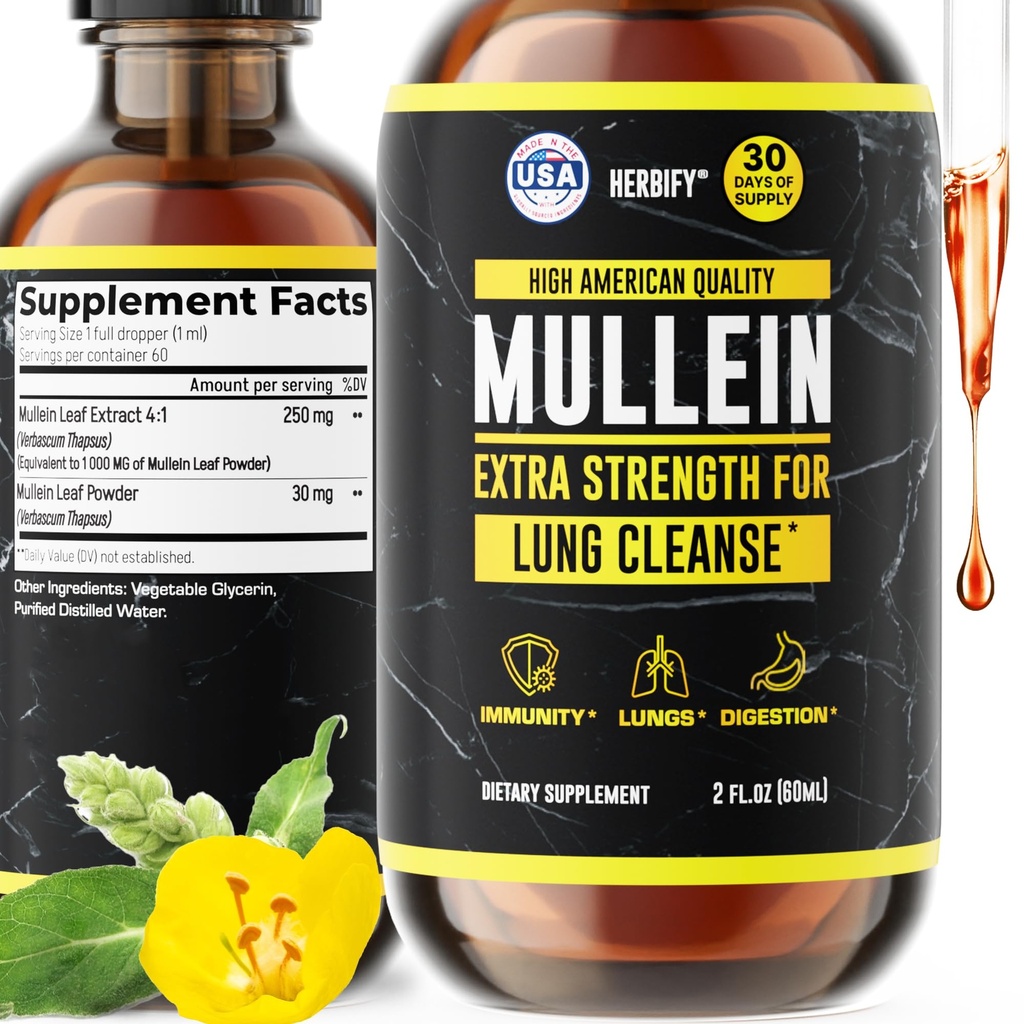HERBIFY Mullein Extracto 2 oz Tintura para la salud respiratoria, hoja de Mullein y flores Blend (Verbascum Densiflorum)