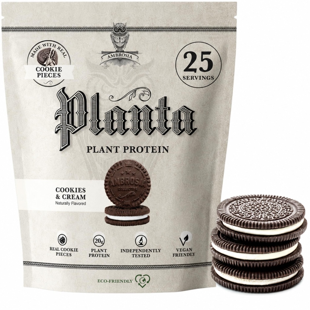 Ambrosia Planta - Premium Plant-Based Protein ¦ Vegan & Keto Friendly ¦ Gourmet Flavors with No Bloating or Stomach Upset TEN Gluten &amp; Soy Free TEN No Añadido Sugar TEN 25 Servings ← Cookies Cream