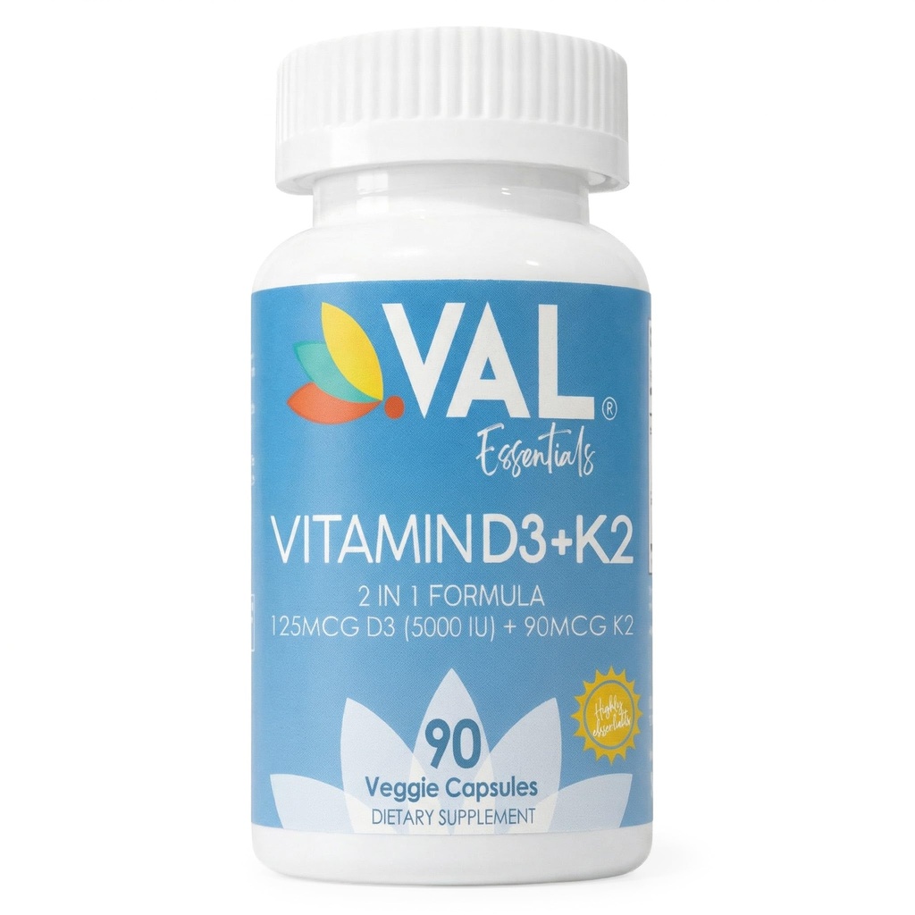 VAL Vitamina D3 + K2 (MK-7) 5000 UI &amp; 90 mcg – Bone & Heart Health Support – High Potency, Non-GMO, Easy to Swallow – 90 cápsulas Vegan – D3 K2 Suplemento Hecho en EE.UU.