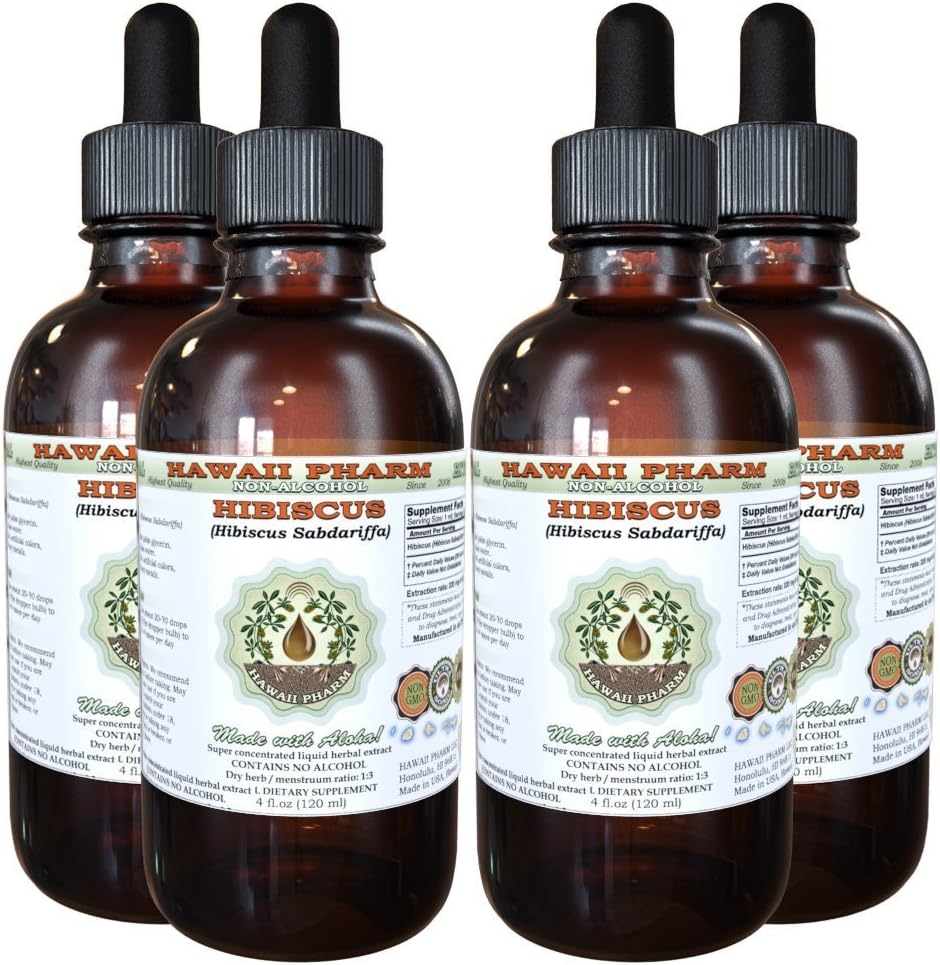 Extracto líquido libre de alcohol, Hibiscus orgánico (Hibiscus Sabdariffa) Flor seca Glicerita Hawaii Pharm Natural Herbal Suplemento 4x4 oz