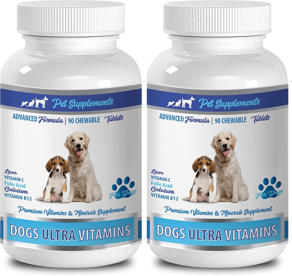Soporte de bonificación para cachorros - Perros Ultra Vitaminas - Fórmula avanzada - Minerales Premium - Huesos de Calcio Perro - 2 Botella (180 Chews)