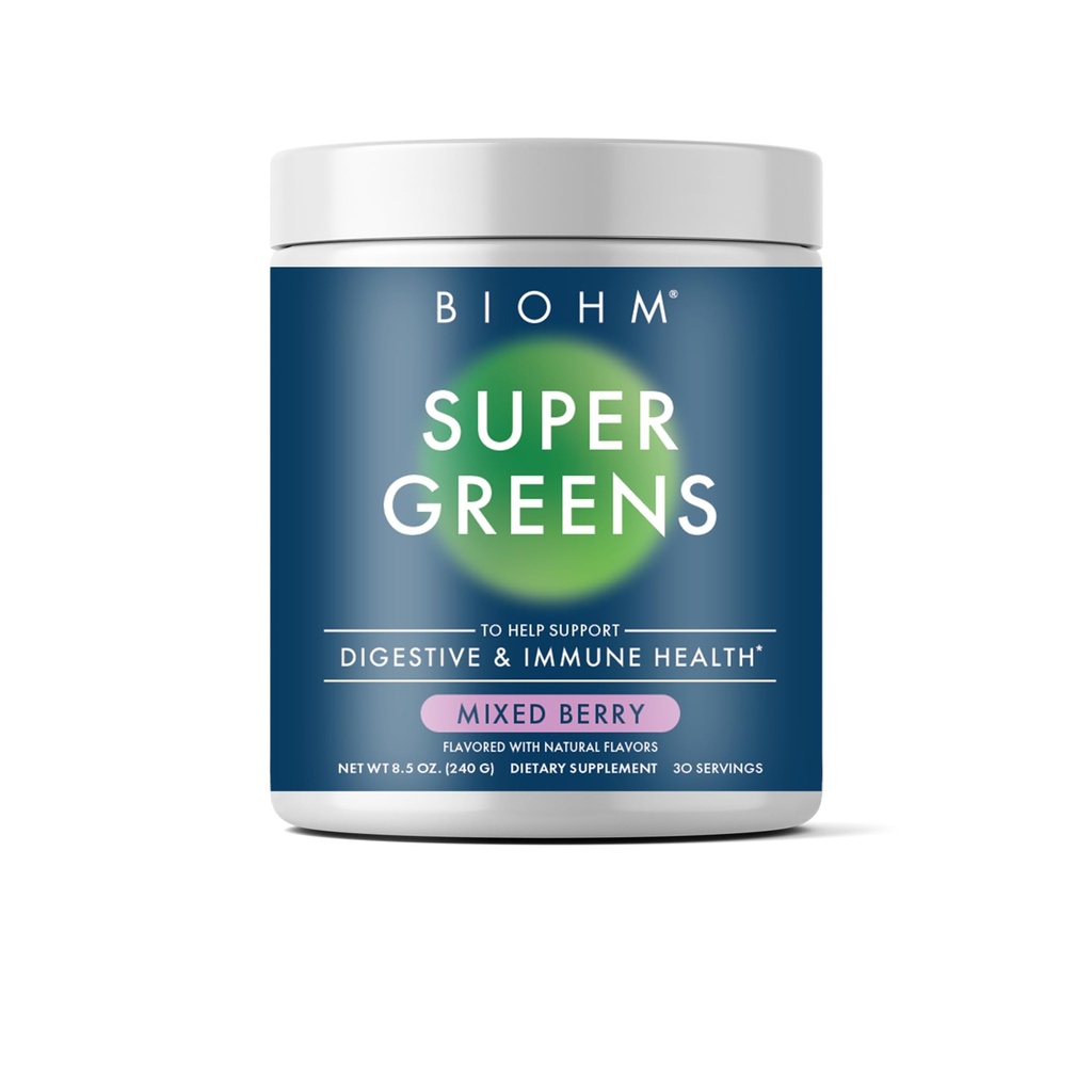 BIOHM Super Greens, Green Superfood Powder (8.5 Oz, 30 Servings) Antioxidant Veggie Powder " Smoothie Mix, 34 Superfoods " Spirulina, Digestive Enzymes, Prebiotics and Probiotics, Mixed Berry Flavor
