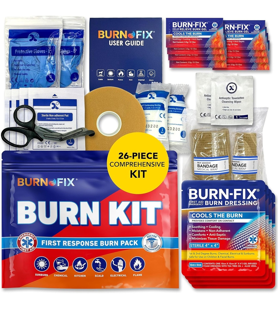BurnFix® Burn Kit First Aid for Burns Emergency – 26-Piece Burn Treatment with Cooling Gel, Dressings & Gloves – Kitchen, Sunburn, Chemical &amp; Scald Relief – Home, Office, Travel