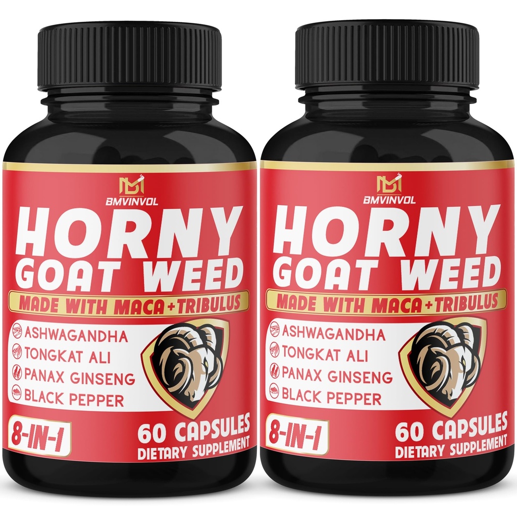 BMVINVOL (2 Packs) Horny Goat Weed Capsules con Maca, Tribulus, Ginseng. Ashwagandha,Tongkat Ali - 8-en-1 para los niveles de energía de apoyo