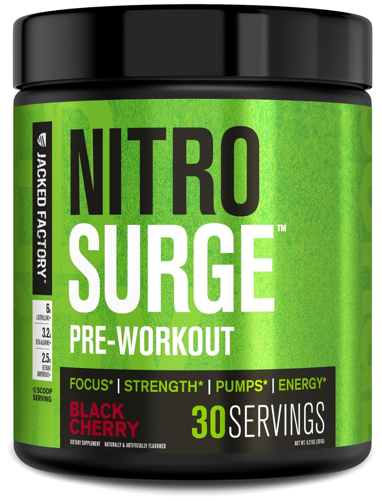 Jacked Factory NITROSURGE Pre Workout Suplemento - Endless Energy, Instant Strength Gains, Clear Focus and Intense Pumps - NO Booster &amp; Powerful Preworkout Energy Powder - 30 Servings, Black Cherry