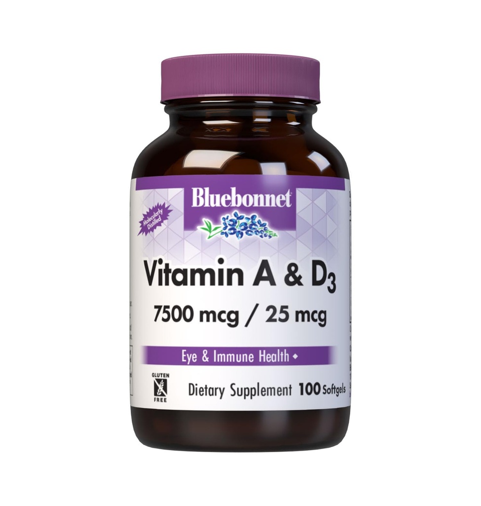 Bluebonnet Nutrition Vitamina A &amp; D3 25,000 UI/1,000 UI de Mar Profundo, Agua Fría, Aceite de Pesca - Para la salud de los ojos &amp; Función Inmunitaria* - Gluten Free - Dairy Free - Molecularmente Destilado - 100 Softgel/Servings