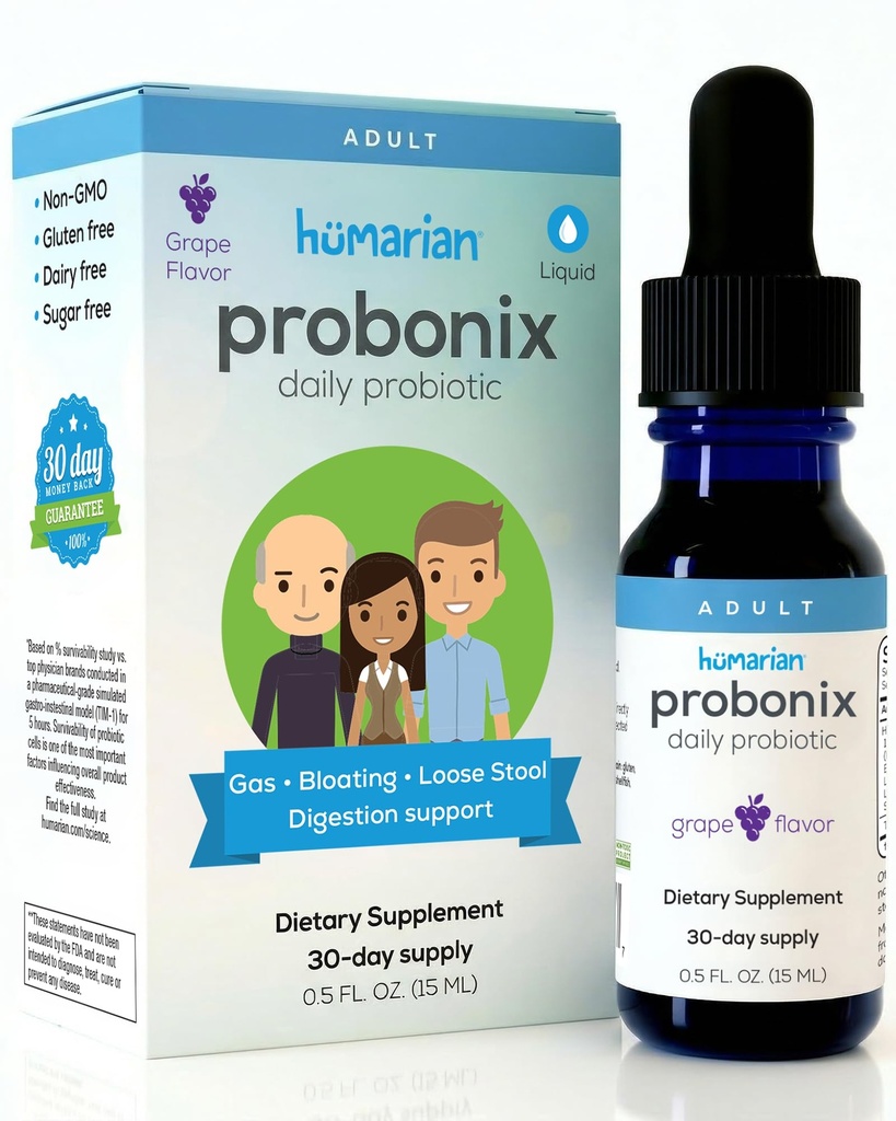 Probióticos líquidos Probonix Humarian para adultos - 12-Strain Probiotic Drops to Fortify Gut Health, Immunity and More - 30-Day Supply - Delicious Grape Flavor