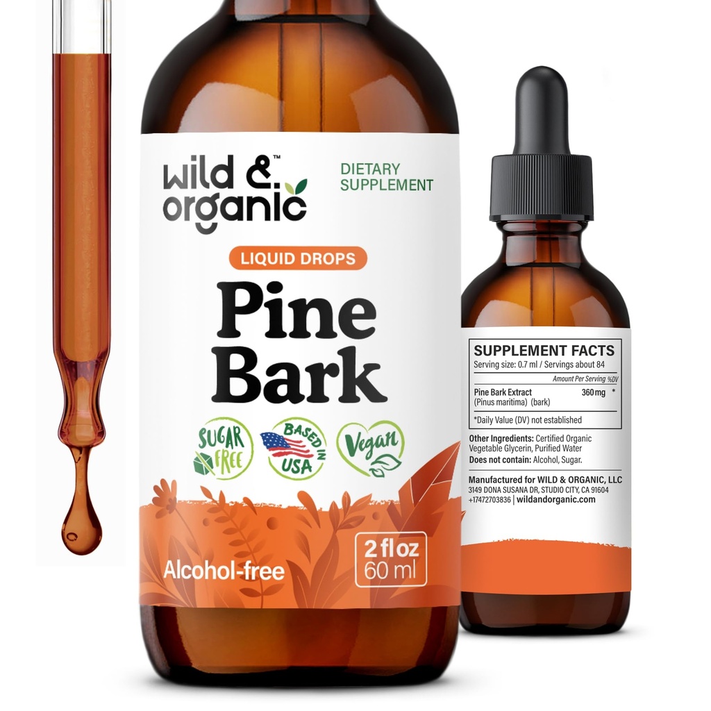 Wild & Organic Pine Bark Extract Tincture - Antioxidant Support - Pinus Pinaster Suplementos - French Maritime Bark Liquid Drops - 2-Month Supply - Vegan, Alcohol &amp; Sugar-Free - 2 fl oz