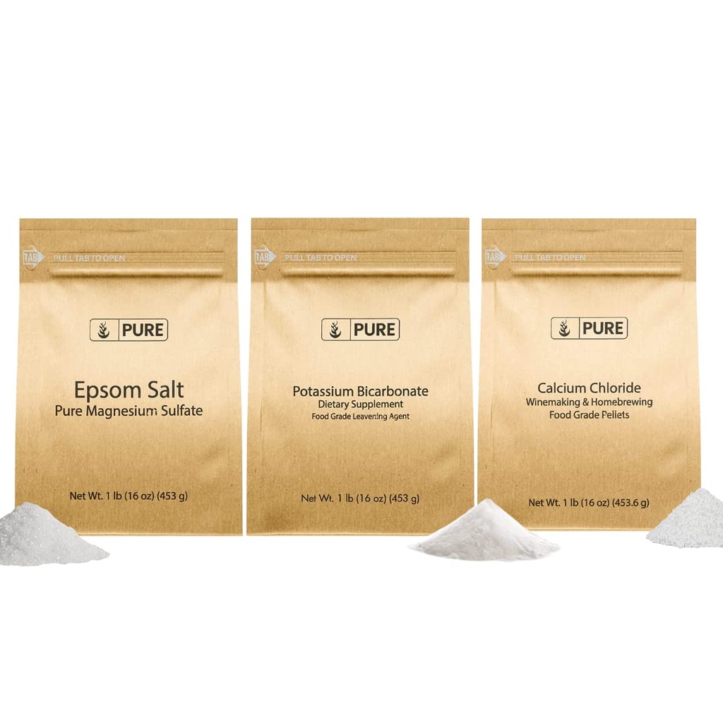 Ingredientes originales puros Bicarbonato de potasio, Cloruro de calcio, &amp; Epsom Salt Bundle, (1lb) Alimentos seguros, Limpieza &amp; Cocina