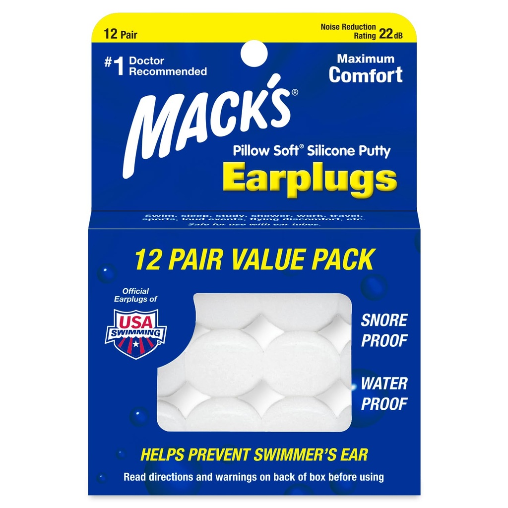 Mack's Pillow Soft Silicone Earplugs, 12 Par – The Original Moldable Silicone Putty Ear Plugs para Durmiendo, roncando, Nadando, Viajes, Conciertos y Estudiando Silencio Made in USA