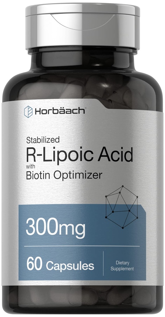 Horbäach Stabilized R-Lipoic Acid 300mg ← 60 Capsules  with Biotin Optimizer ← Non-GMO, Gluten Free ← Na-RALA Supplement