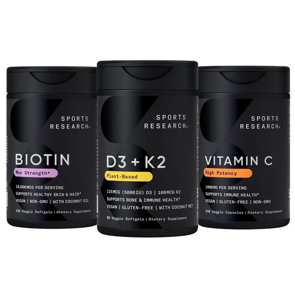 Investigación Deportiva Vitamina D3 5000iu K2 100mcg, Biotina Vegana 10.000mg con aceite de coco y vitamina C de alta potencia Suplemento 1000mg