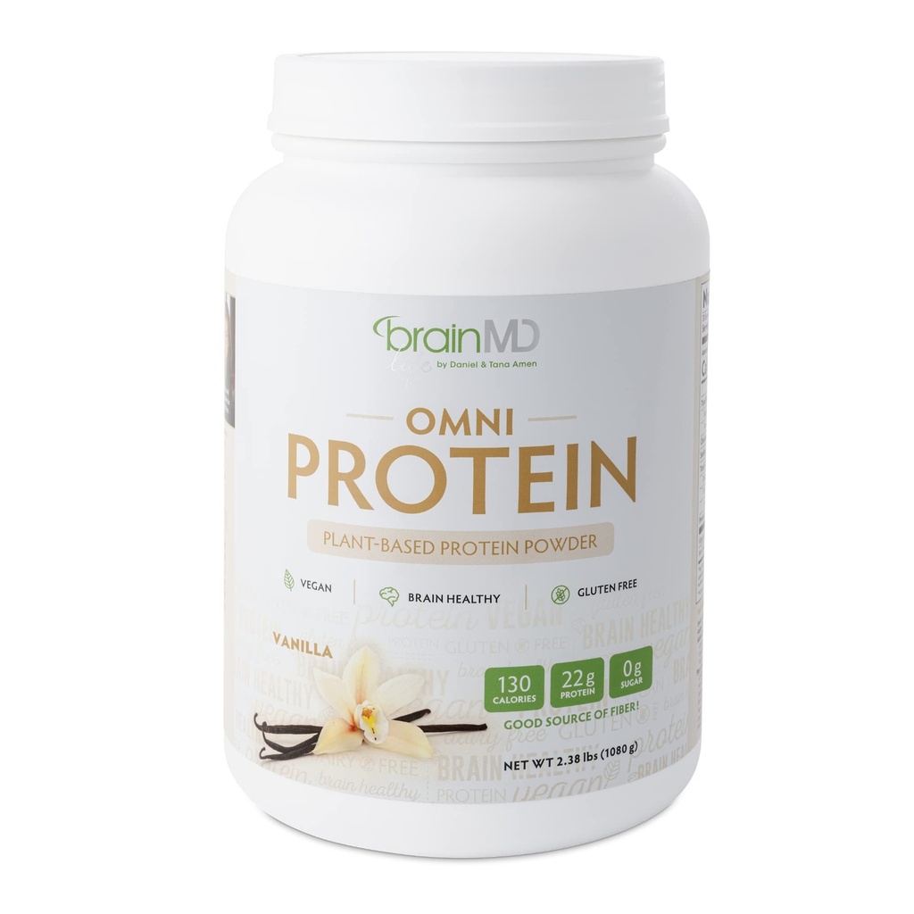 BRAINMD Dr Amen Omni Protein Vanilla - 2.38 lbs - Powder de proteína de base vegetal - promueve la recuperación de la energía y el ejercicio - Vegan, Vegetariano, Sugar Gratis, Gluten Gratis - 30 Servings