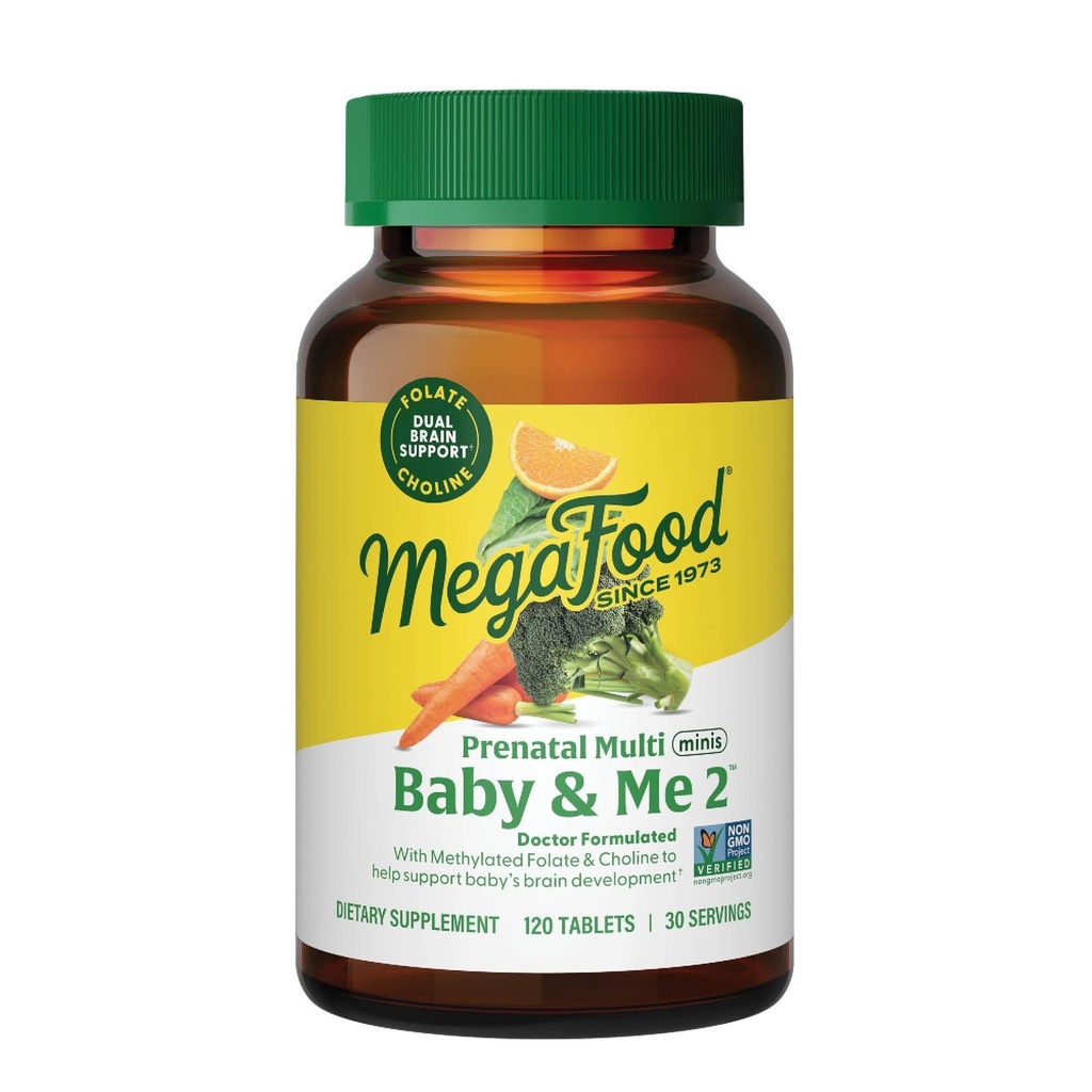 MegaFood Baby &amp; Me 2 Prenatal Multi Minis - Vitaminas Prenatales para Mujeres con Choline & Metil Folate - Gluten-Free, Vegetariano, Pre Natal Multivitamina para Mujeres – 120 Minis Tablets, 30 Serviciones