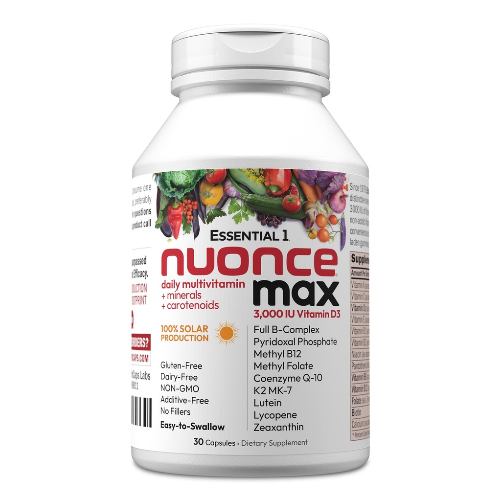 ANDREW LESSMAN Essential-1 nuonce max Multivitamin 3000 IU Vitamin D3 30 Capsules pequeños. 100 mcg Methyl B12. CoQ10 Lutein Lycopene Zeaxanthin. High Potency. Sin aditivos. Ultra-Mild One Daily Capsule