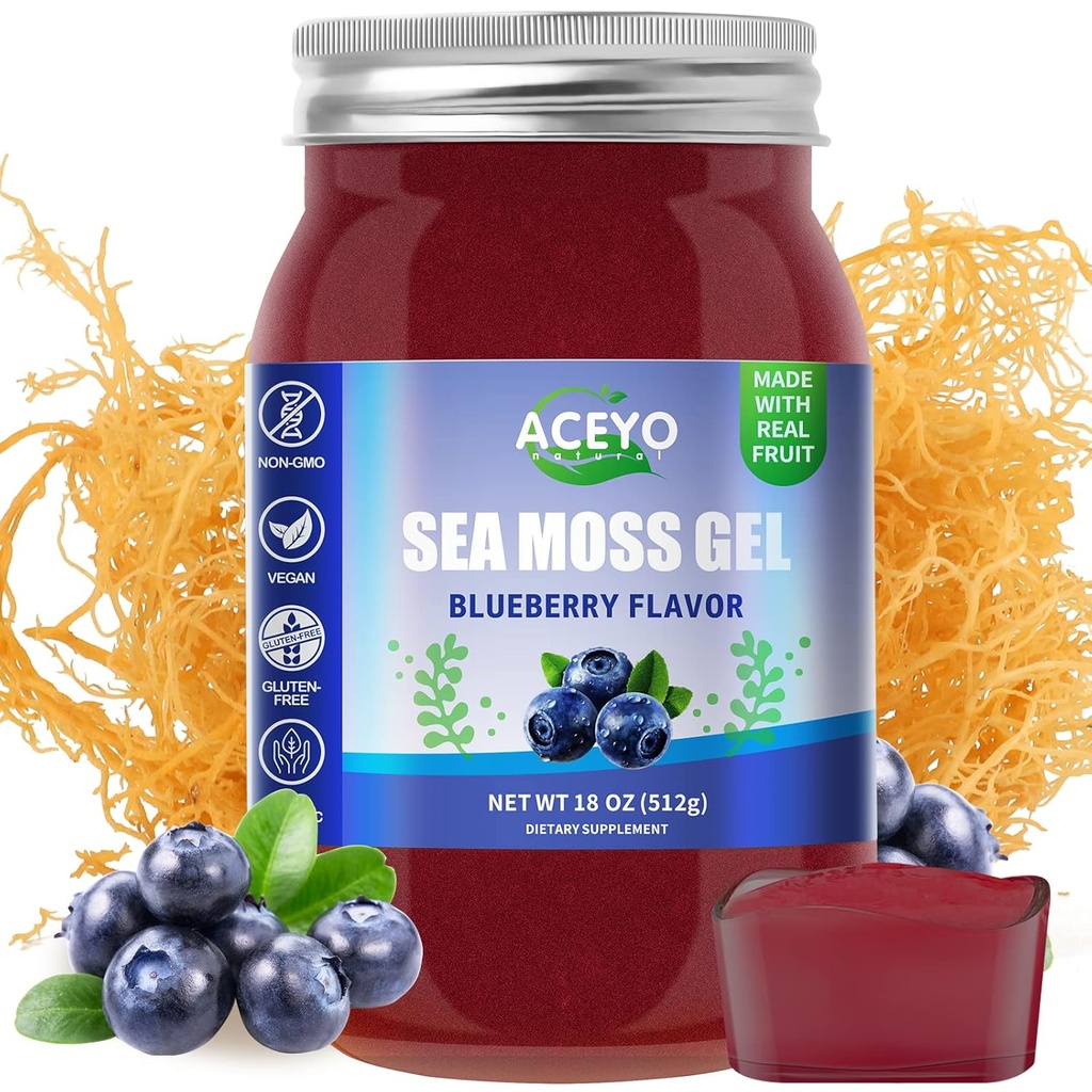 ACEYO (18 OZ) Irish Sea Moss Gel Organic Raw Vegan Blueberry Flavor 102 Vitaminas y Minerales Wild Harvested Non-GMO Immune Defense Booster Thyroid Digestive Support