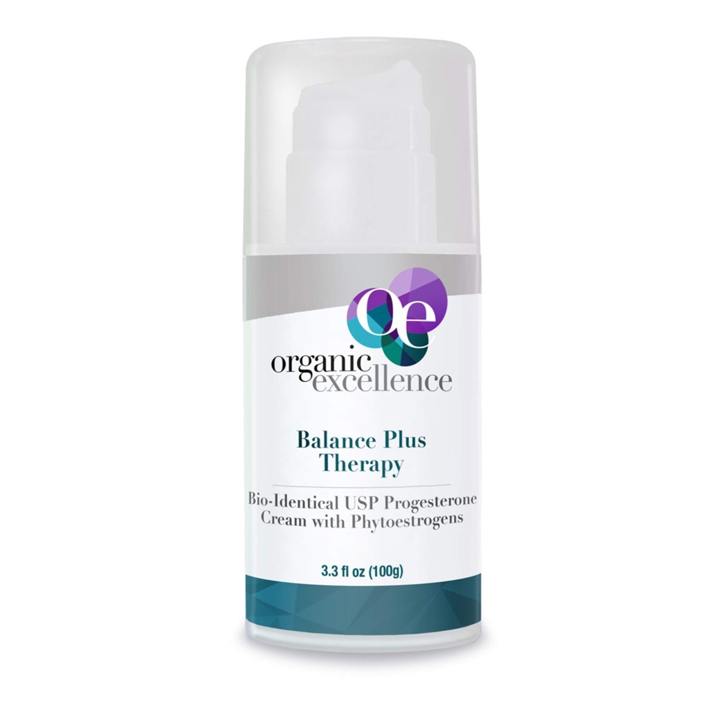 Excelencia Orgánica Balance Plus Terapia - USP Bioidentical Orgánica Progesterona Crema para Mujeres - con Fitoestrógenos - para Alivio de la Menopausa y Equilibrio de Hormonas Naturales, 3.3 fl oz (100g)