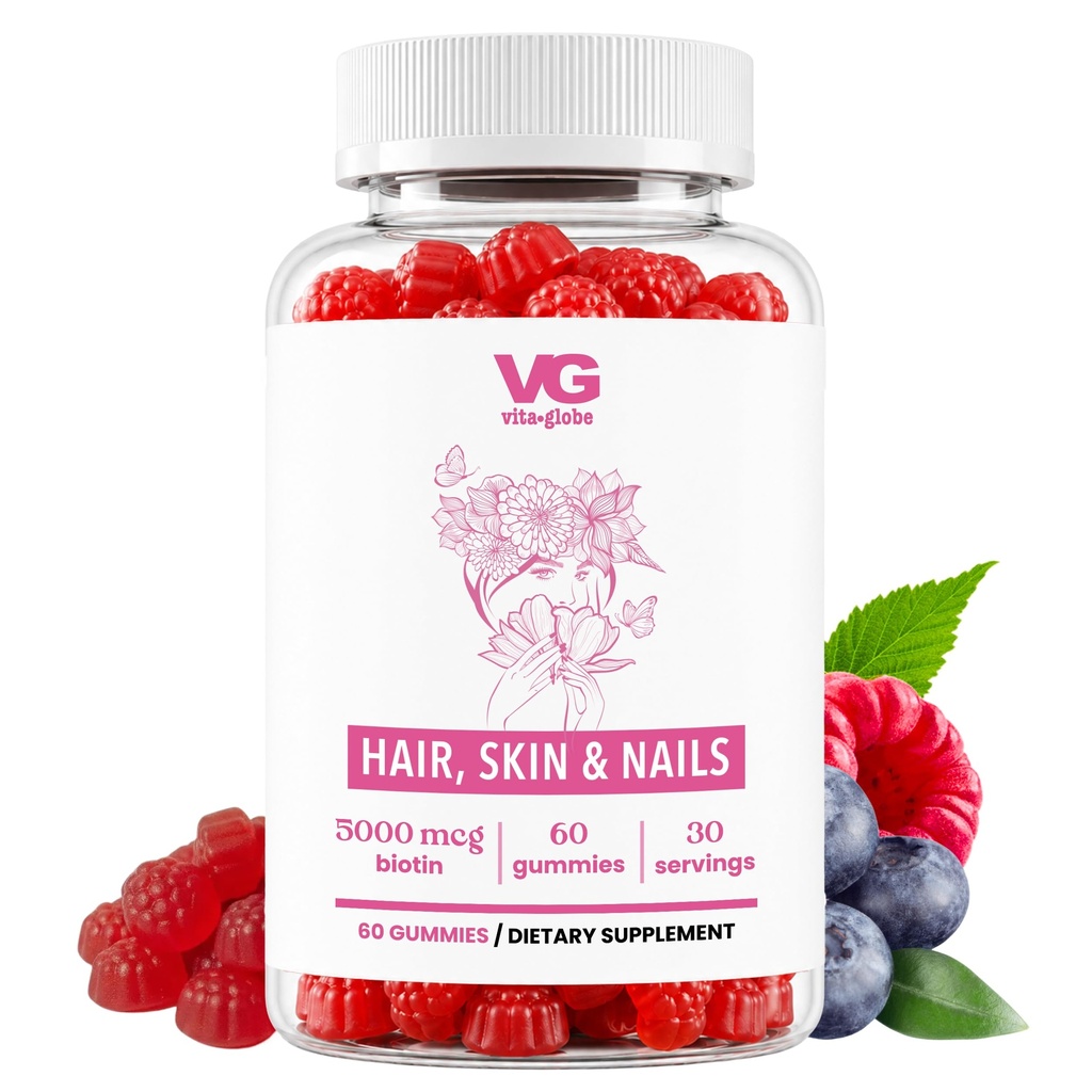 VITA GLOBE Hair, Skin & Nails + Collagen Gummies – 20 mg con vitaminas A, C, D, E, B6 &amp; Biotin ANTE Belleza &amp; Wellness Suplemento para el crecimiento saludable del cabello, piel radiante &amp; uñas fuertes – 60 Cuenta (Pack de 1)