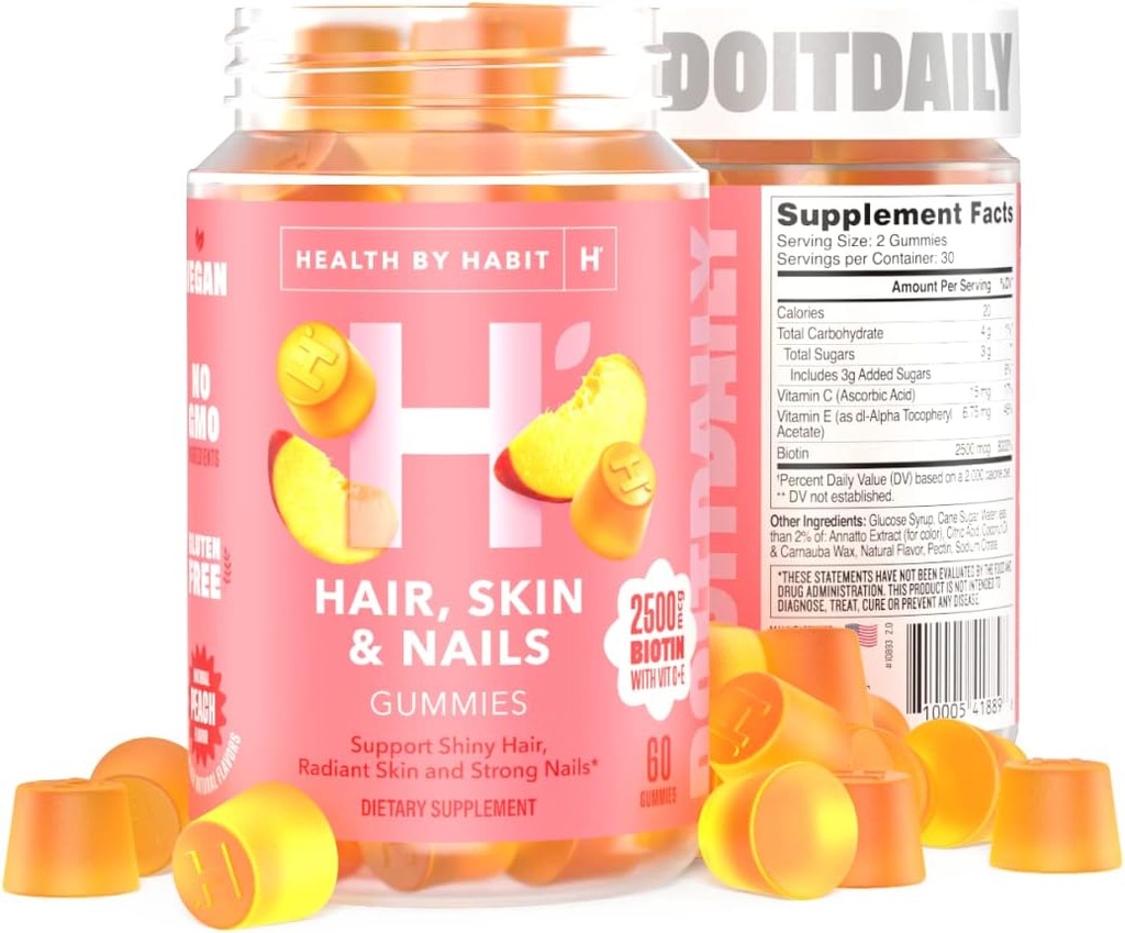 Salud por Habit Hair, Skin and Nails Supplement (60 Gummies) - 2500mcg Biotin, Vitamina C, Vitamina E, fuertes uñas, Peach Flavor, Vegan, Gluten Free, Non-GMO