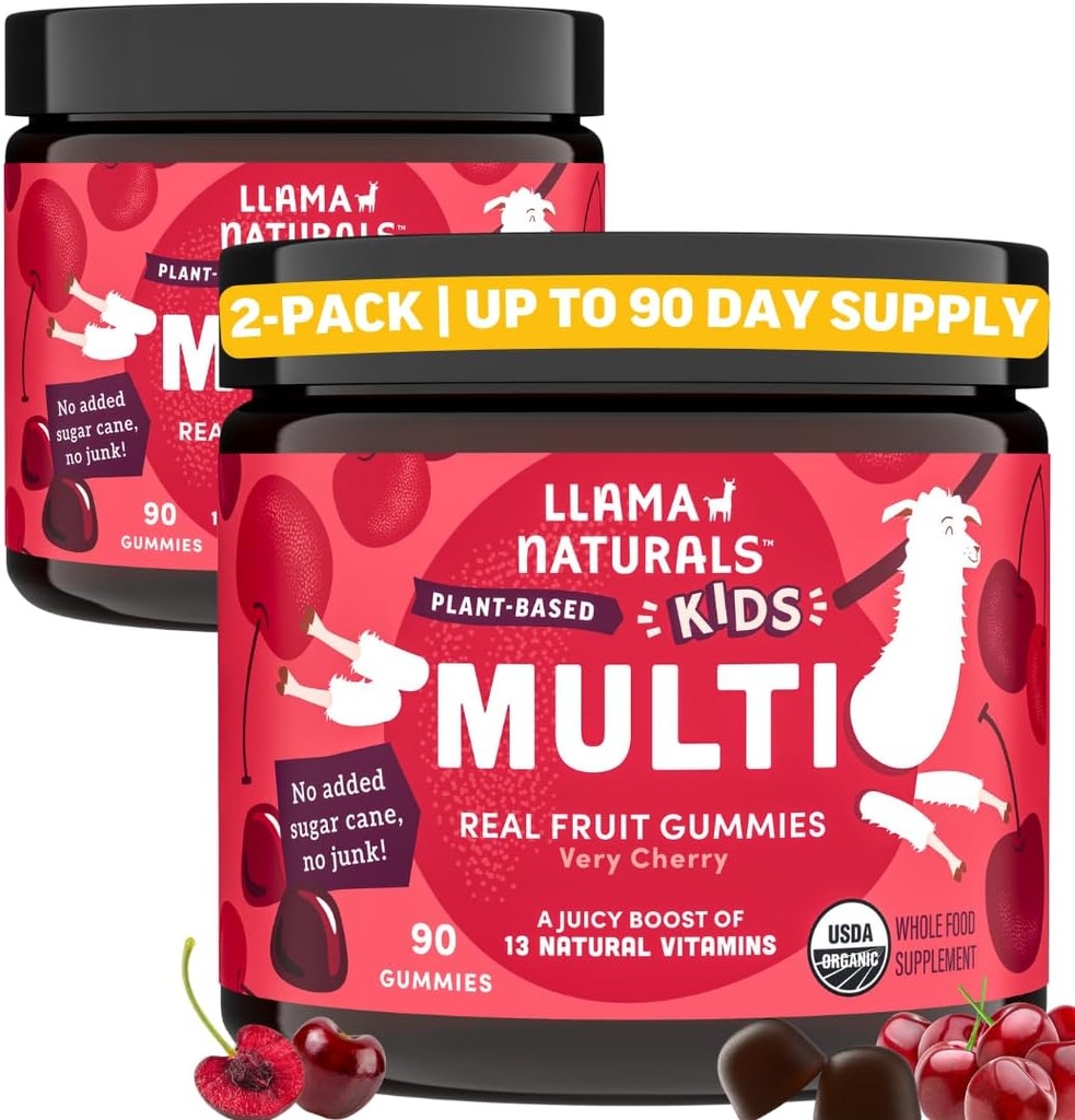 Llama Naturals Niños Gummies multivitamínicos, Vegan, Orgánica con Vitamina D, C & K, Vitaminas de Gummy de Fruto Real Toddler, Suplemento Chewable, Multivitamina de Alimentos enteros, No Añadido caña de azúcar, cereza, 2 Pk