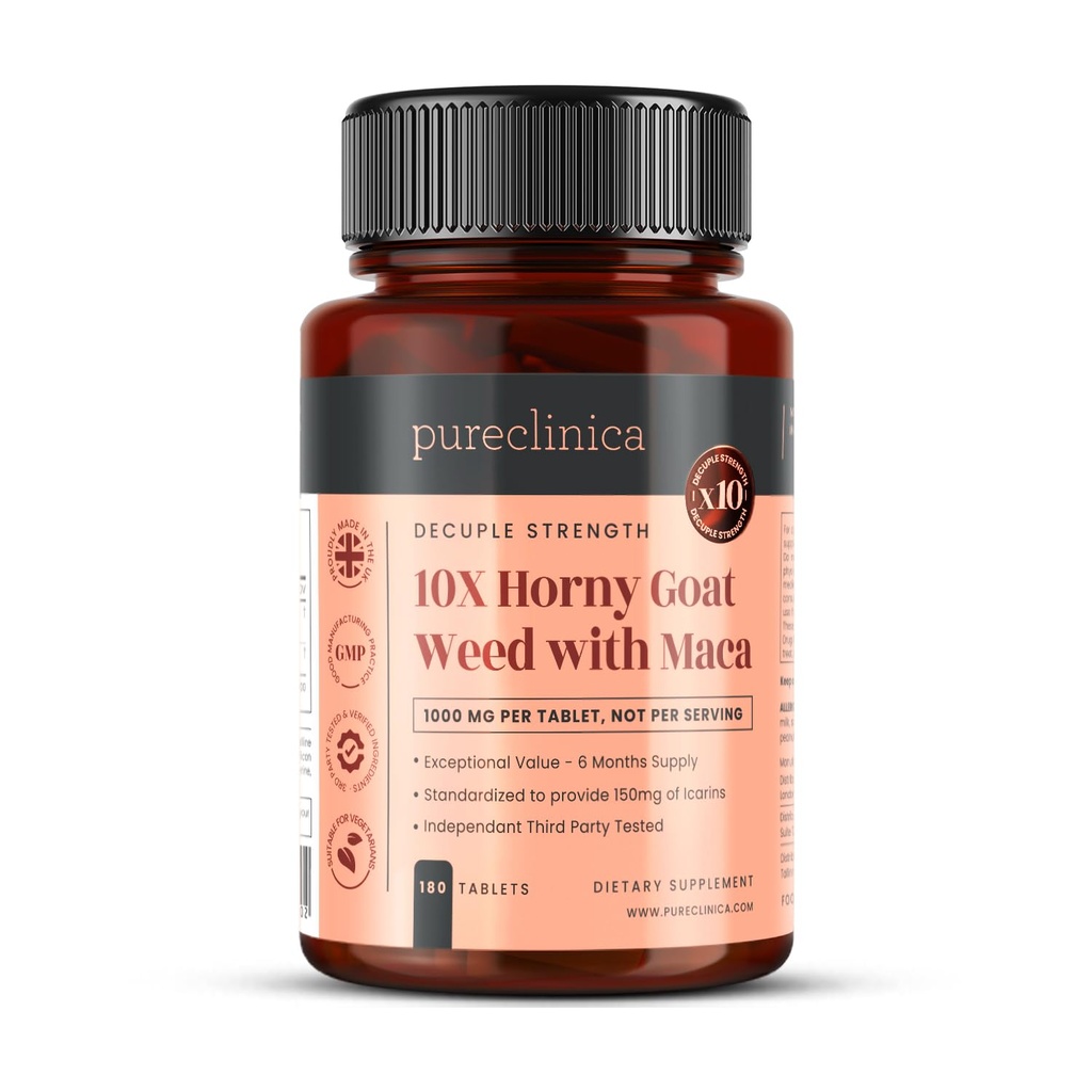 purclinica 10X Horny Goat Weed &amp; Maca Extract 6250mg x 180 Tablets (6 Meses Supply) -10 X Más Icariinas - w/5mg Black Pepper Extract for 300% increased Absorption