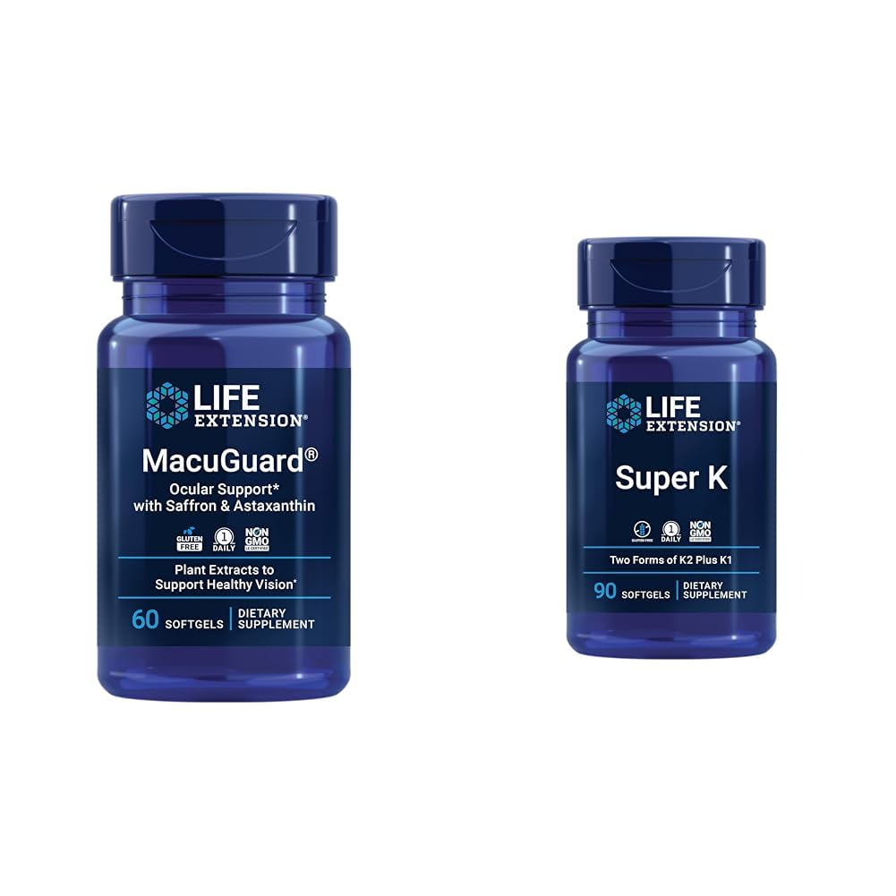 Extensión de la vida Macuguard Eye Health Suplemento con Lutein, Meso-Zeaxanthin, Saffron &amp; Astaxanthin - 60 Conde y Super K Vitamina K1 K2 MK-7 MK-4 Vitamina C - 90 Softgels