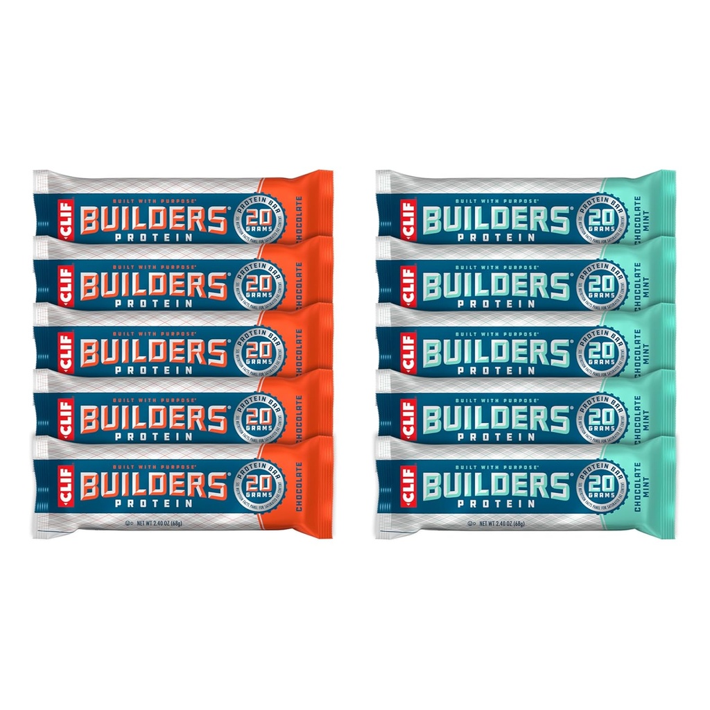 CLIF Builders - Chocolate Mint and Chocolate Flavor - Variety Pack - Plant Based Protein Bares - Gluten Free - Non-GMO - Low Glycemic - 20g Protein - 2.4 oz. (10 Cuenta)