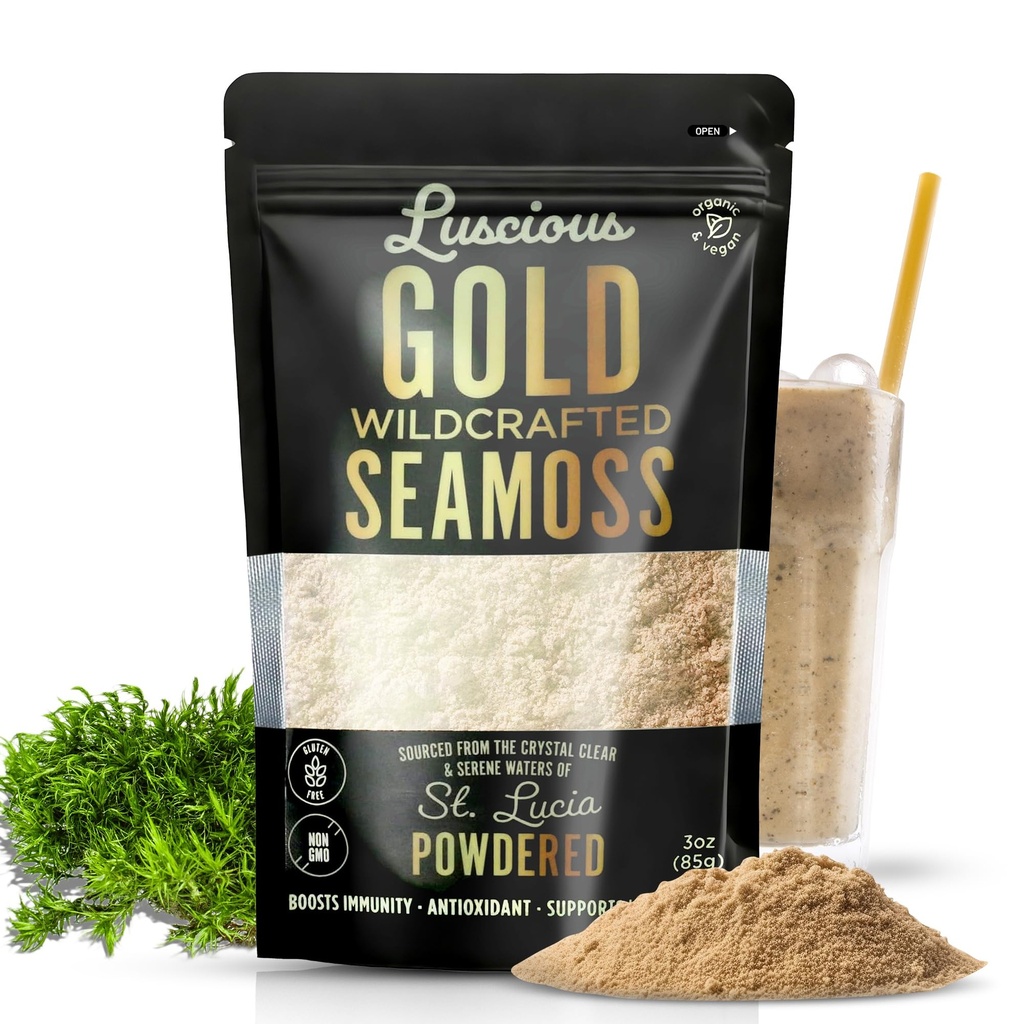 Mar irlandés Moss Powder Gold 3 Oz – 100% Orgánica St. Lucia Sea Moss ¦ Superfood Wildcrafted para Gut Health, Immune Support, Vegan, Gluten-Free ← Hace 120+ Fl Ounces de Gel por Luscious Spice Emporium