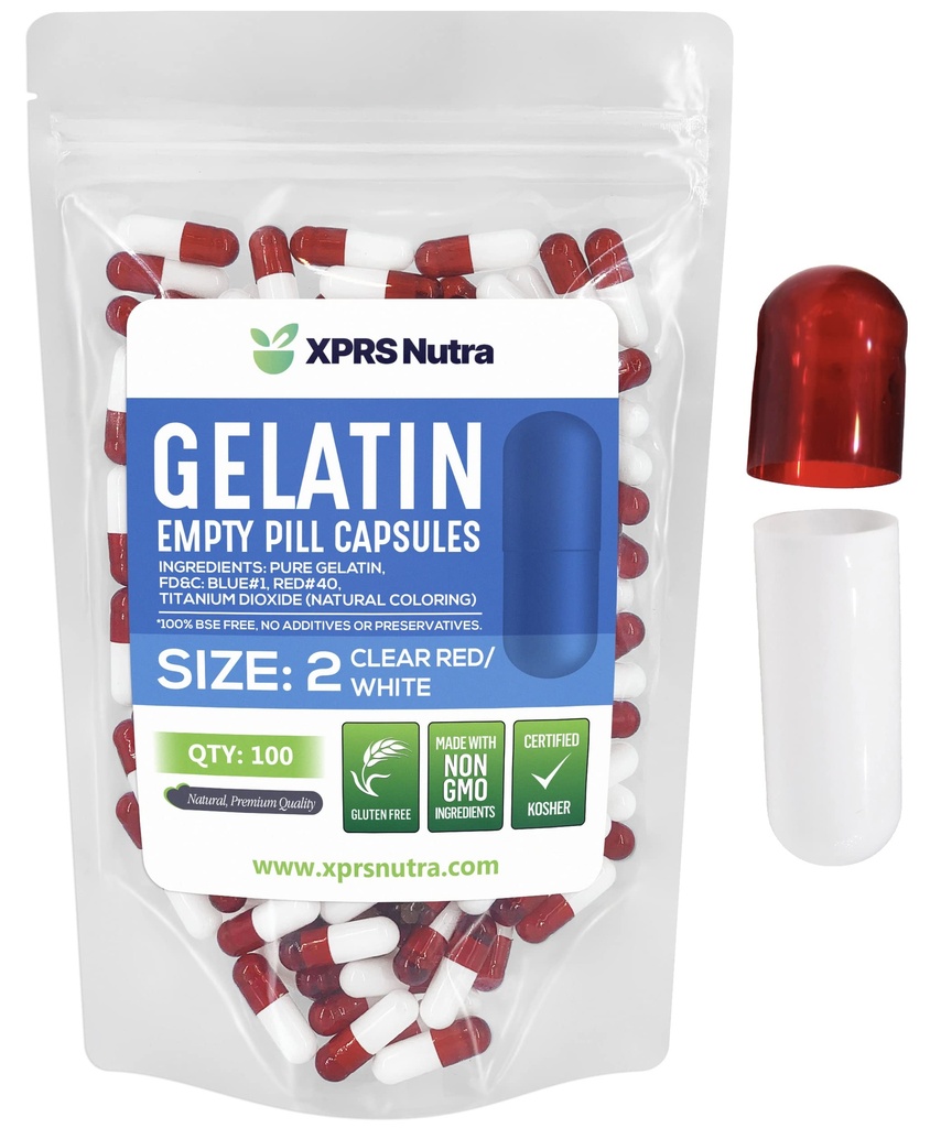 XPRS Nutra Size 2 Empty Capsules - 100 Conde Empty Gelatin Capsules - Pills DIY Capsule Filling - Pure Bovine Pill Gel Caps for Do-It-youself Supplements (Clear Red/White)