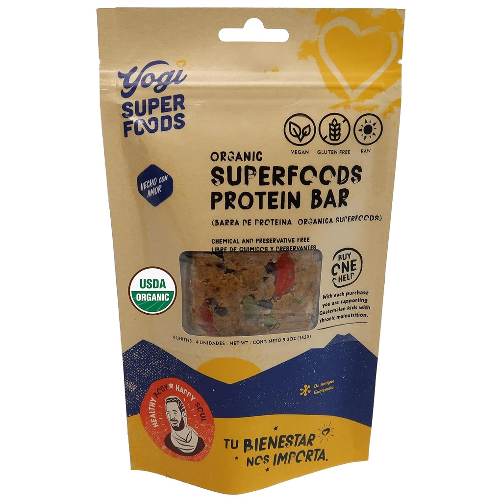 Yogi Super Foods Maca Protein Bares con Cacao for Healthy Energy - Raw, Vegan, Gluten Free, Low Glycemic Superfood Snack Food Bars with Plant Protein, Cocoa Powder & Granola - 4 Bares