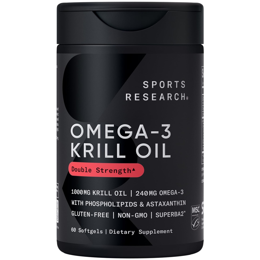Sports Research Krill Oil Supplement with EPA & DHA Omega 3, Phospholipids & Astaxanthin from Antarctic Krill - Highest Concentration of Krill Oil for Men &amp; Women - 1000mg, 60 Softgel Capsules