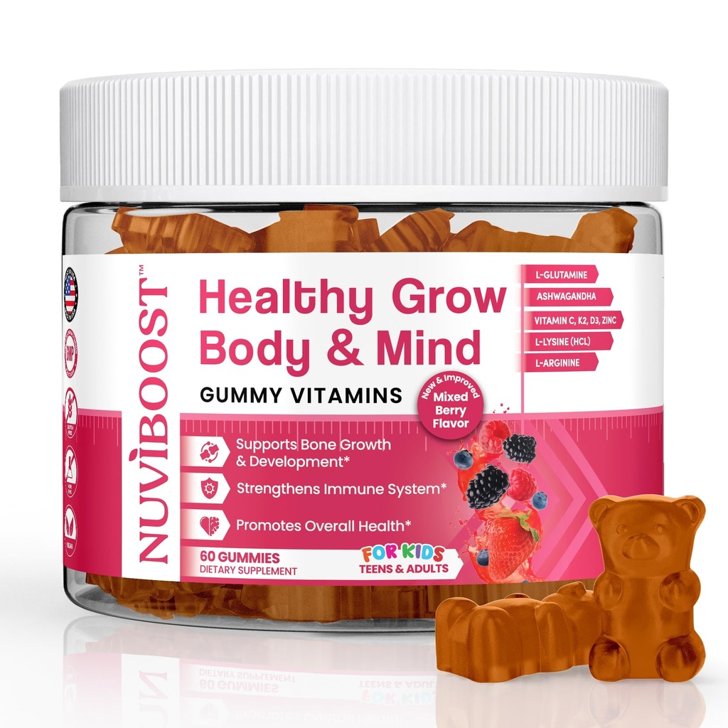 Crecimiento de altura de crecimiento saludable Gummies ricas en calcio, vitaminas C, D3, K2, L-Arginina, Ashwagandha y otros, Boost Bone Health &amp; Immunity, Multivitamin, para niños 5+, adolescentes y adultos.