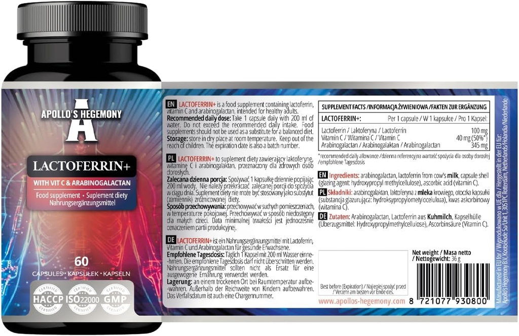 HEGEMONIA DE APOLLO Lactoferrin+ 100 mg - con vitamina C y Arabinogalactan - 60 cápsulas vegas - 2 mes de suministro - para la inmunidad mejorada y absorción de hierro