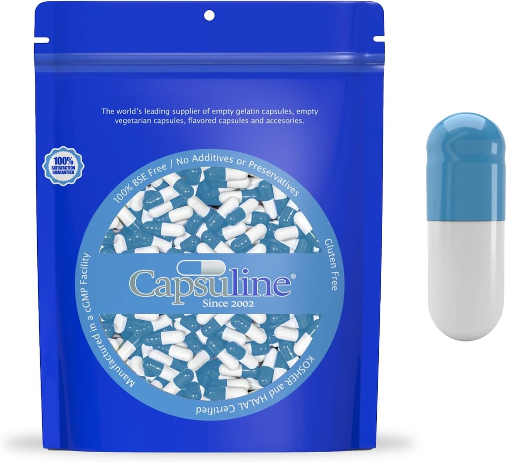 Capsuline Coloreado Talla 0 Empty Gelatin Capsules Azul/White 5000 Cuenta SilencioKosher " Halal Certified ←Gluten Free