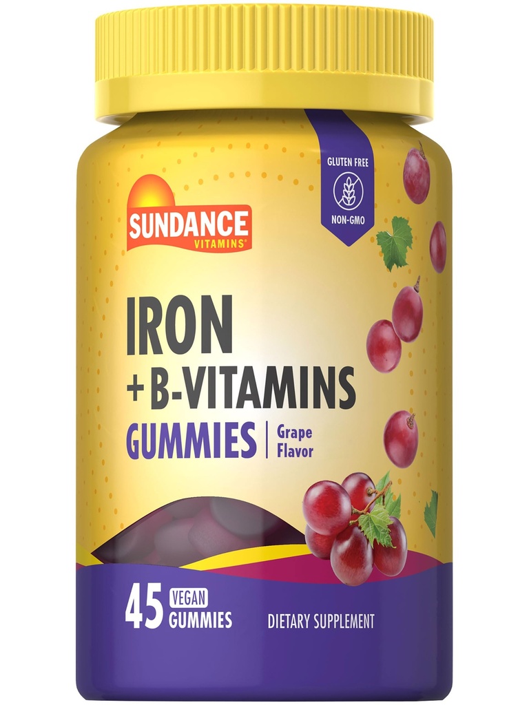 Sundance Iron Gummies Silencio Plus B-Vitamins ← 45 Vegan Gummies ← Grape Flavor ← Vegan, Non-GMO, y Gluten Free Supplement
