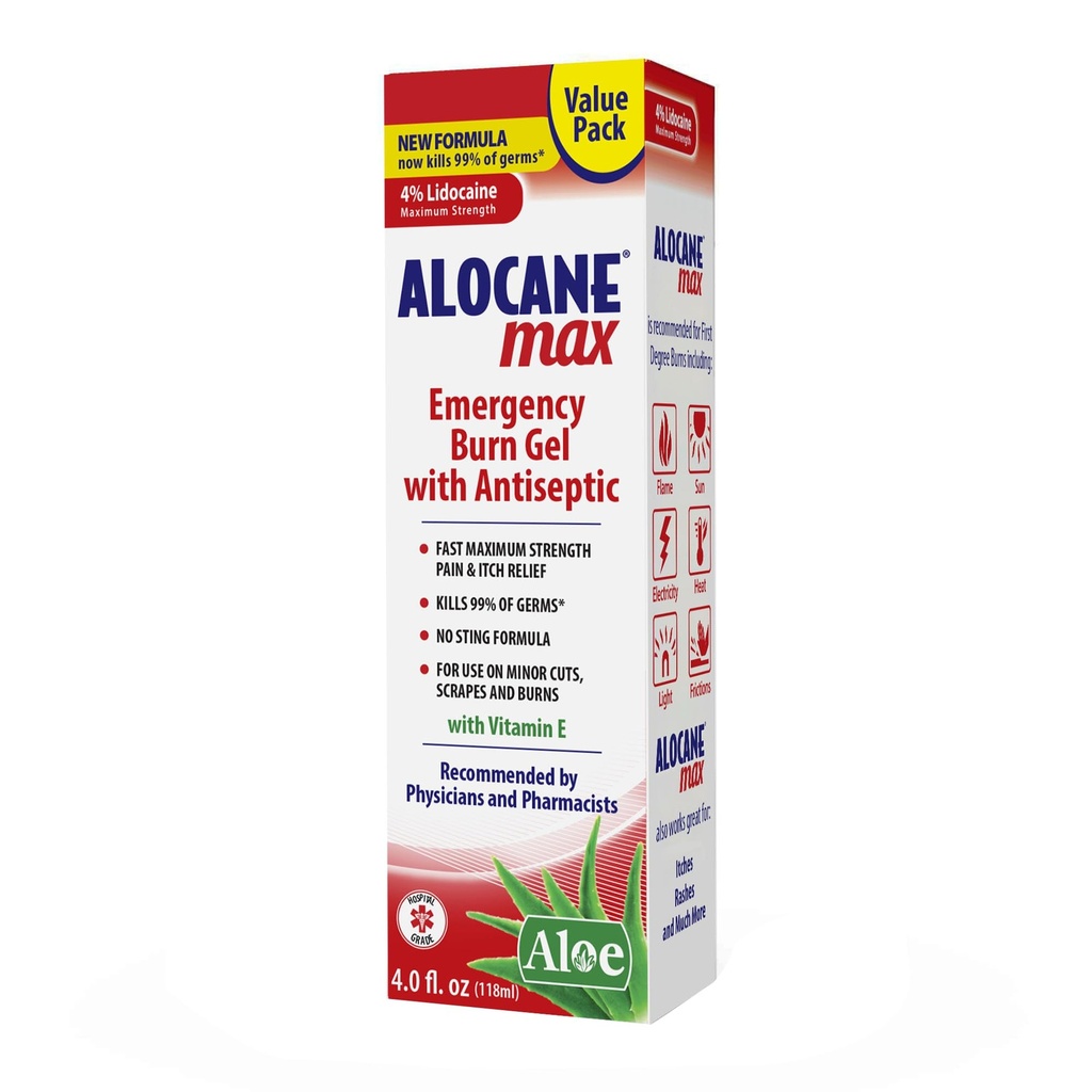 ALOCANE Max Maximum Strength Emergency Burn Gel With Lidocaine and Antiseptic, 4% Lidocaine, Fast Pain and Itch Relief, Sunburn Relief, Cuts, Scrapes, First Aid Burn Care, 4.0 Fluid Ounce