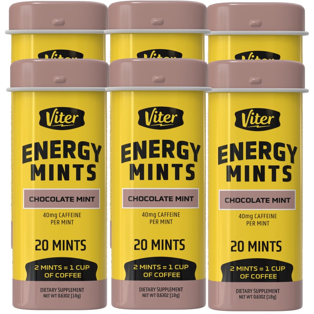 Viter Energy Caffeinated Mints 40mg Caffeine, B Vitaminas, Sugar Gratis. (Chocolate Mint, 20pcs, 6 Pack)