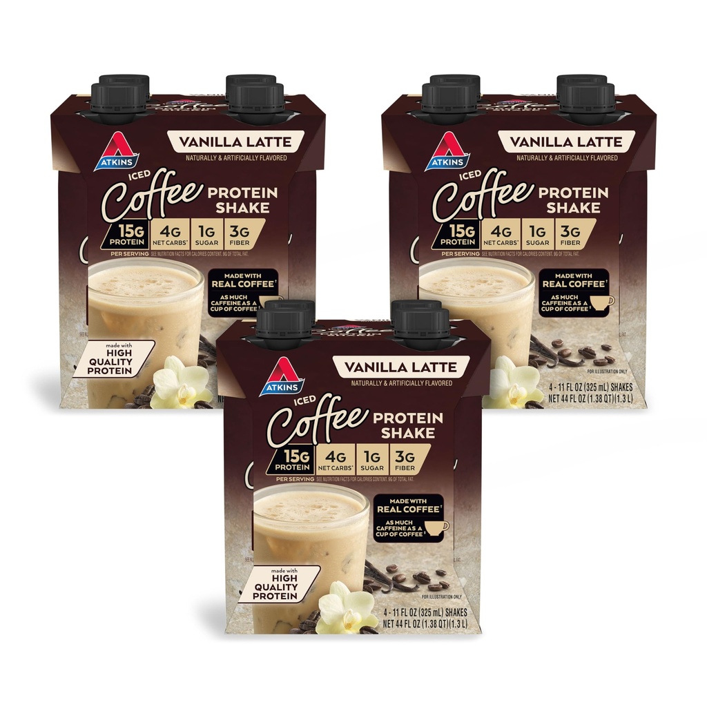 Atkins Iced Coffee Vanilla Latte Protein Shake, 15g Protein, Low Glycemic, 4g Net Carb, 1g Sugar, Keto Friendly, 12 paquetes de 11 fl Oz