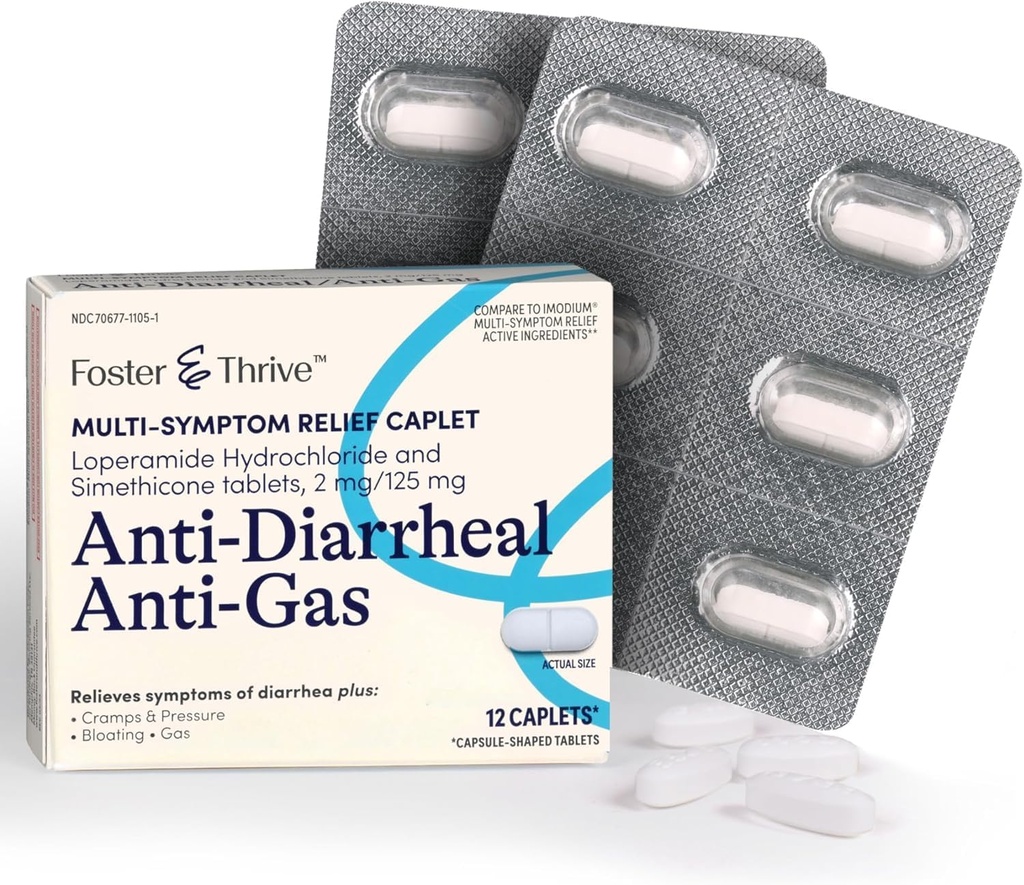Hidrocloruro de Loperamida de Foster y Simethicone Anti-Diarrheal Multi-Symptom Relief, 48 Caplets, Tratamiento de la Diarrea, Gas, Bloating, Cramps & Pressure, 12 caplets (Pack of 4)