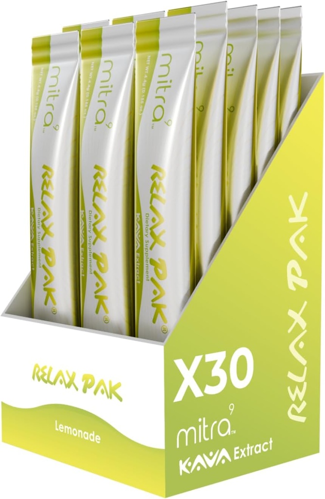 Mitra9 Kava Powder RelaxPak - Lemonade Kava Extract Powder Packets ← Mood Enhancer Silencio basado en plantas promueve la calma natural y la claridad ← Easy Open Single-Serving Stick (30)