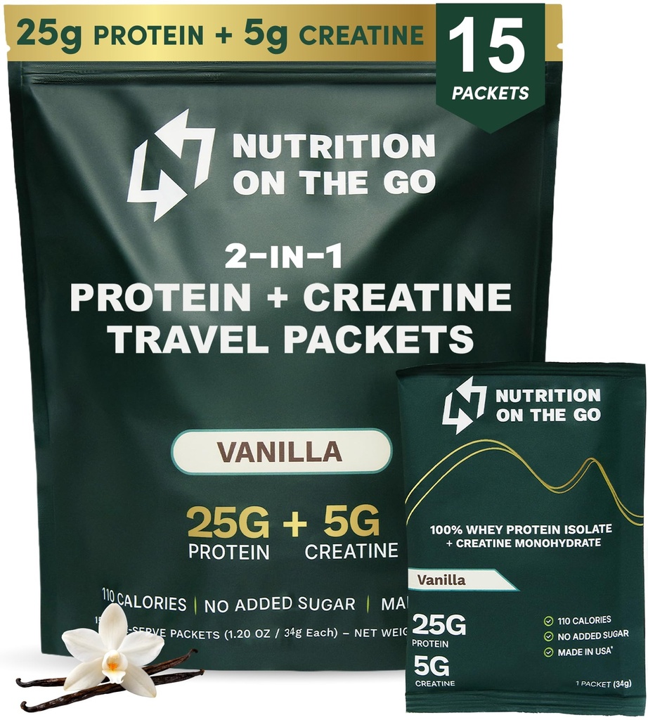 Nutrición en la proteína de Go Whey Packets con crema – 25g Proteína + 5g Creatina – Polvo de proteína de un solo paso – Vainilla (15-Pack)