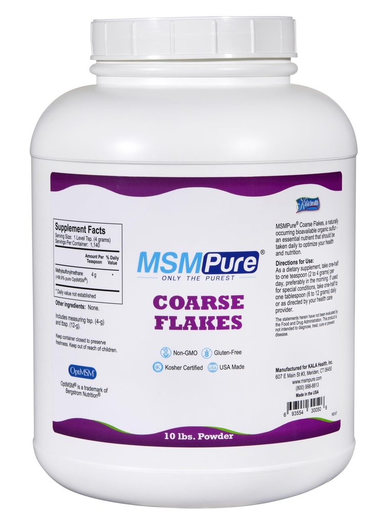 KALA HEALTH MSMPure Coarse Flakes MSM Powder – US-Made MSM for Joint Health, Skin Appearance y Hair & Nail Support – 10 lb, Organic Sulfur