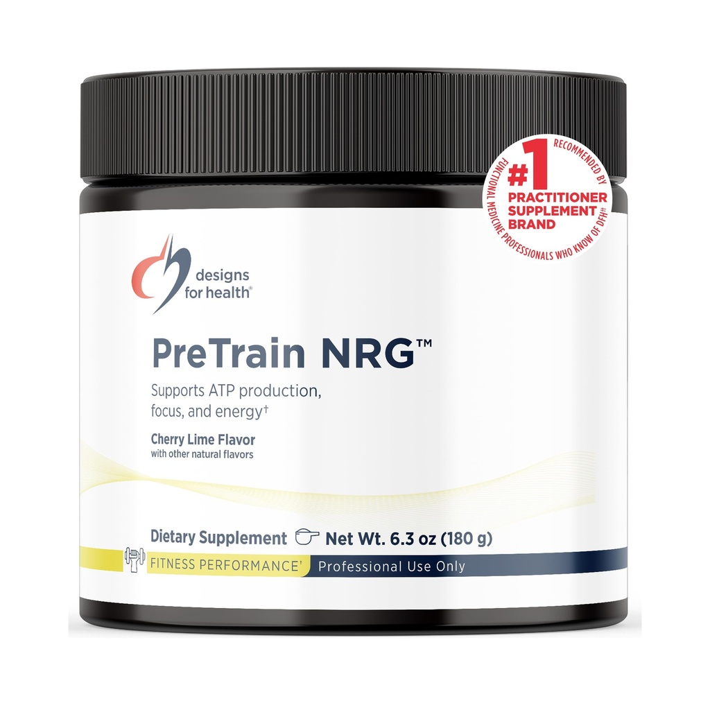 Diseños para la salud PreTrain NRG Drink Mix - Pre-Workout Powder with Creatine + Green Coffee - Supports Focus, Power + Mental Energy in Athletes - None-GMO, Cherry Lime Flavor (20 Servings / 180g)