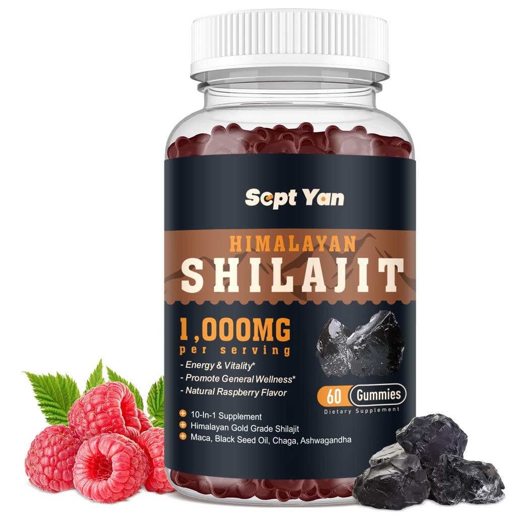 Shilajit Gummies 1000mg - Shilajit Puro Himalaya Orgánica para Hombres &amp; Mujeres 85+ Trace Minerales Shilajit Resin with Ashwagandha, Maca, Black Seed Oil - Energía, Cerebro, Inmunity, Sugar Free Raspberry 60ct