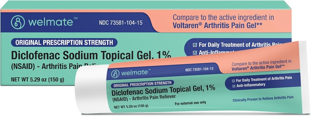 WELMATE - Diclofenac Sodium Topical Gel 1% (5.29 oz) - Alivio de dolor de artritis y ayuda a la movilidad - Crema de alivio de dolor