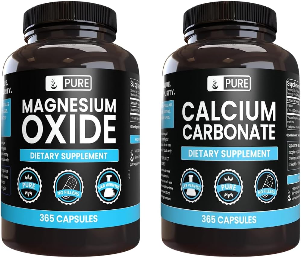 Ingredientes originales puros Carbonato de calcio y óxido de magnesio Bundle, 365 cápsulas cada uno, sin artillería, Alwasy Pure