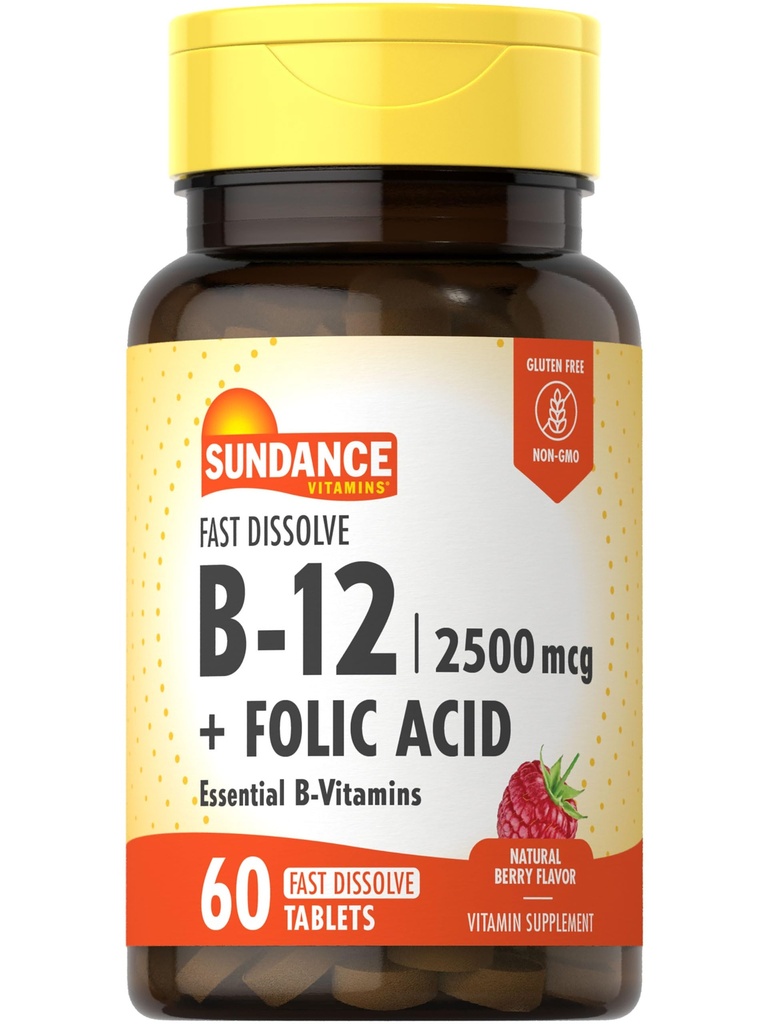 Sundance Fast Dissolve Vitamina B-12 Silencio con ácido fólico Silencioso 2500mcg Silencio 60 Conde Silencio Natural Berry Flavor Silencio Vegetariano, No GMO, y Gluten Suplemento Libre