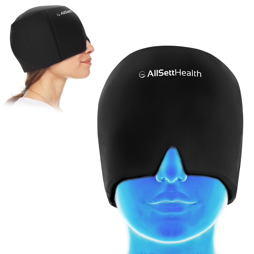 Migraine Relief Cap Ice Head Wrap and Hat ← Hot/Cold Gel Pack with Face and Eye Mask Compress for Headache Relief - Black