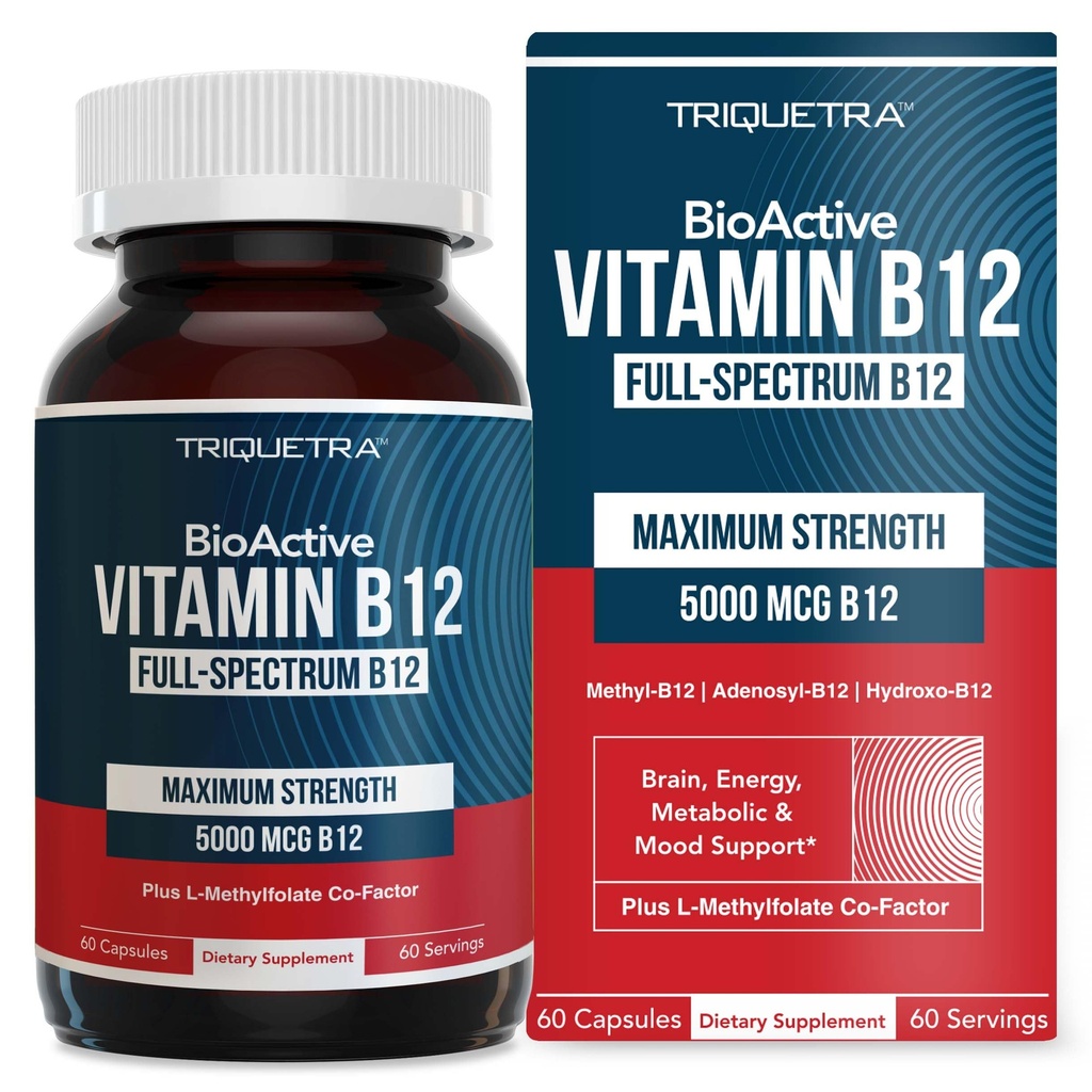 BioActive Vitamin B12 - 5000 mcg, Contiene 3 BioActive Forms B12 Plus Methylfolate Cofactor - Methyl B12, Adenosyl B12 & Hydroxy B12 ← Soporta Energía, Metabolismo " Mood TEN Vegan, Non-GMO (60 Servings)