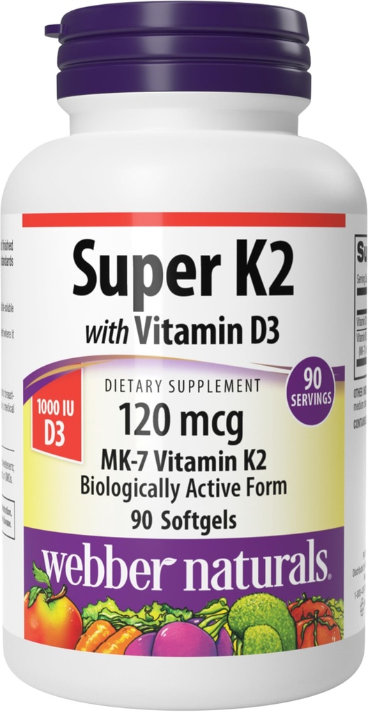 Webber Naturals Super Vitamina K2 MK-7 120 mcg con vitamina D3, 90 Softgels, soporta huesos, dientes y sistema cardiovascular